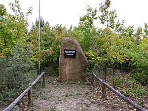 Blick auf den Gedenkstein mit der Inschrift  "Unter dieser Erde war unser Dorf Buchholz" 