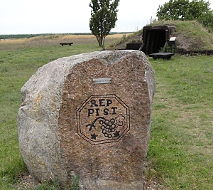 Der Gedenkstein auf der Reppister Höhe. Abgebildet ist das Reppister Gemeindesiegel um 1738 mit einer Weintraube. Der Gedenkstein auf der Reppister Höhe. Abgebildet ist das Reppister Gemeindesiegel um 1738 mit einer Weintraube.