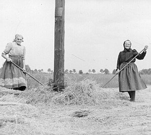 Zwei Frauen in Arbeitstracht während der Feldarbeit.