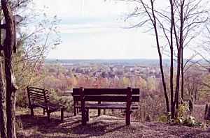 Blick von dem Erinnerungsort mit Gedenktafel und Rastplatz nach Schipkau.