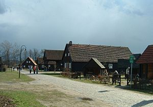 Gezeigt werden einige Schrotholzhäuser aus der Erlichthofsiedlung   